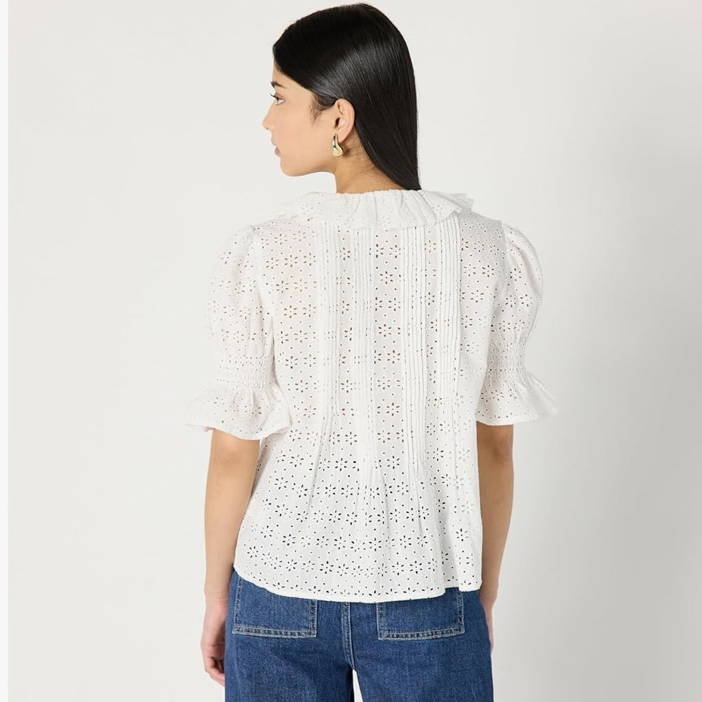 🆕 The Drop ‘Lenai’ 100% Cotton Pintuck Eyelet Blouse in Ivory XL - Picture 2 of 9